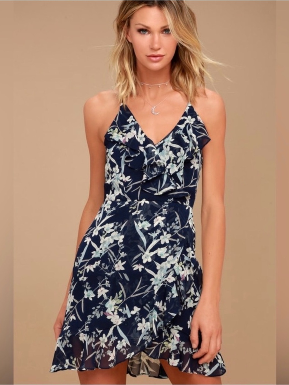 Lulus Navy Blue Floral Print Sleeveless Dress Womens